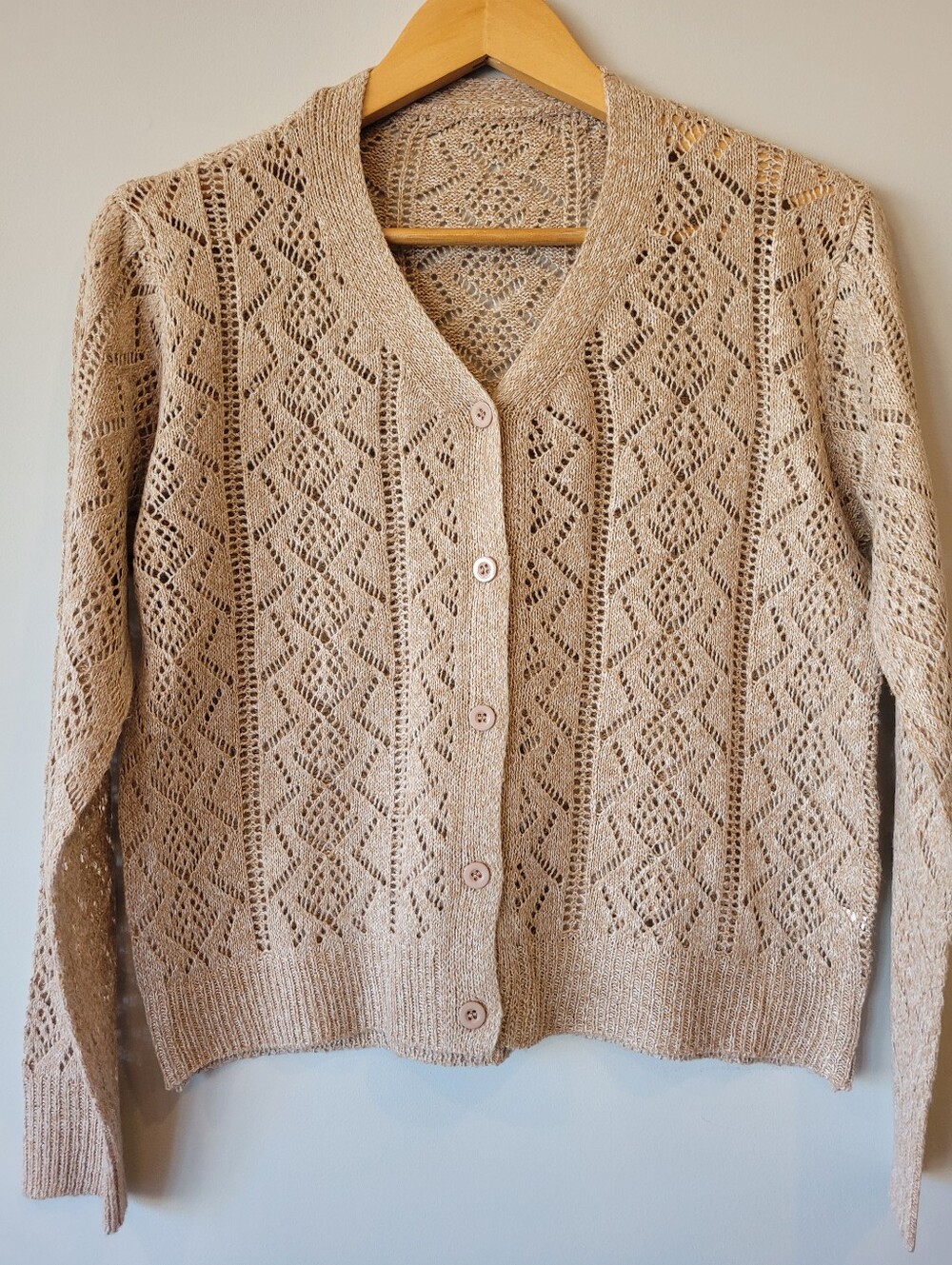 Beautiful Beige & White Marled Openwork Knit Button Front Cardigan Sweater